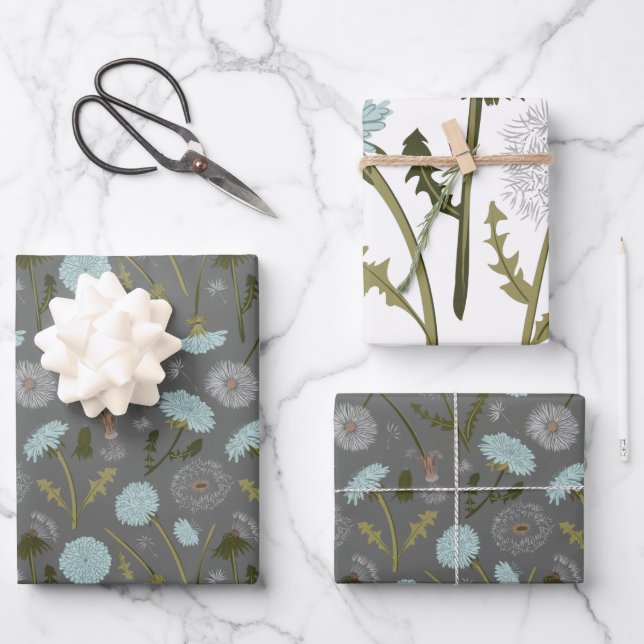 Feuille De Papier Cadeau Motif Dandelion Blue Grey (Recto)