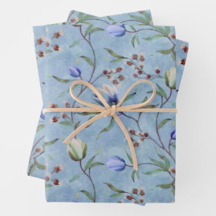 Feuille De Papier Cadeau Motif d'anémones de tulipes bleues et blanches