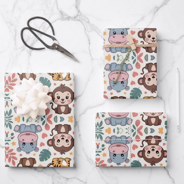 Feuille De Papier Cadeau Motif d'animal mignon avec des singes (Créateur téléchargé)