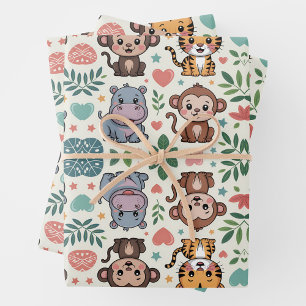 Feuille De Papier Cadeau Motif d'animaux mignons avec des singes, des tigre