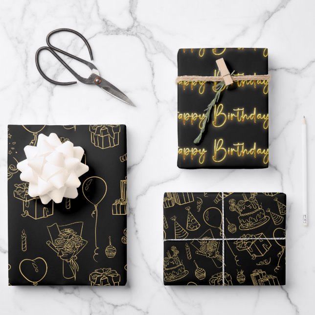 Feuille De Papier Cadeau Motif d'anniversaire noir/or (Recto)