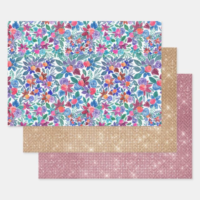 Feuille De Papier Cadeau Motif d'aquarelle aux fraises florales (Lot)
