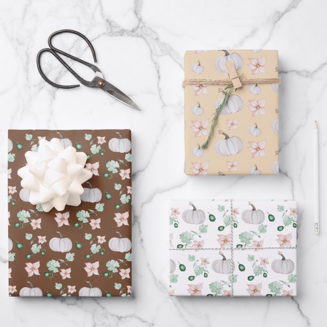 Feuille De Papier Cadeau Motif d'aquarelle Citrouille blanc (Recto)