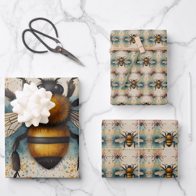 Feuille De Papier Cadeau Motif d'aquarelle d'abeille dynamique (Recto)