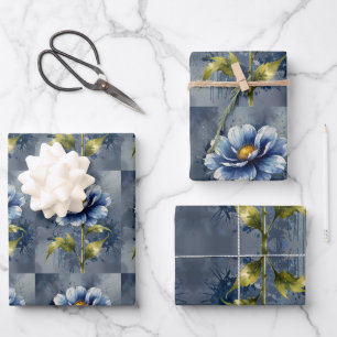 Feuille De Papier Cadeau Motif d'aquarelle de fleurs bleues