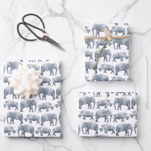 Feuille De Papier Cadeau Motif d'aquarelle Elephant Rhino (Recto)
