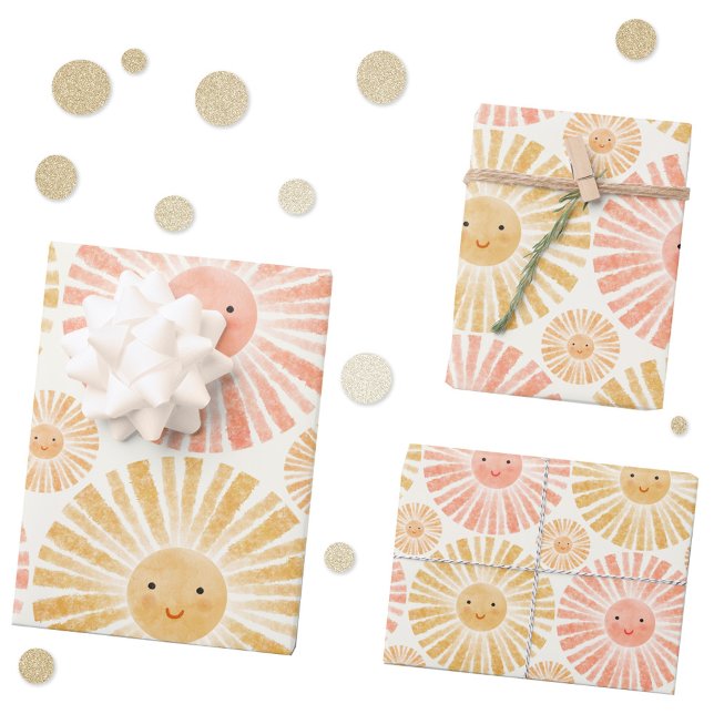 Feuille De Papier Cadeau Motif d'aquarelle Little Sunshine (Happy watercolor sunshine pattern gift wrapping paper sheets)