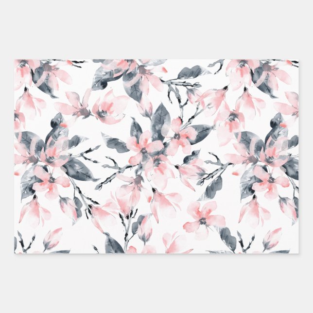 Feuille De Papier Cadeau Motif d'aquarelle rose et gris (Devant)
