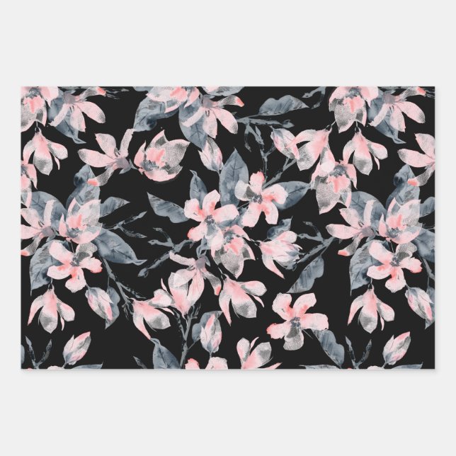 Feuille De Papier Cadeau Motif d'aquarelle rose et gris (Devant)