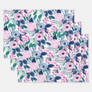 Feuille De Papier Cadeau Motif d'aquarelle Sweet Rose Navy Flowers