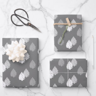 Feuille De Papier Cadeau Motif d'arbre de Noël gris blanc