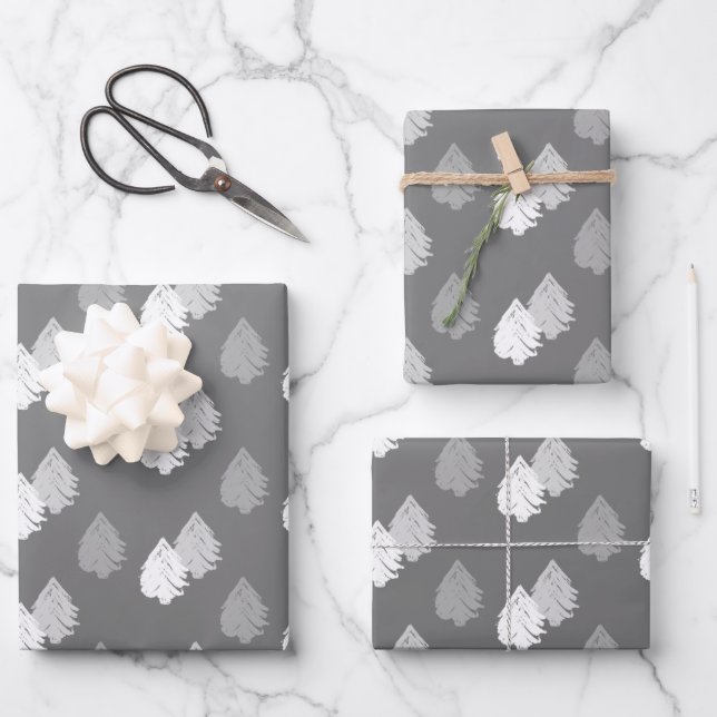 Feuille De Papier Cadeau Motif d'arbre de Noël gris blanc (Recto)
