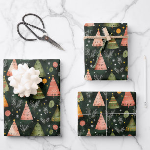 Feuille De Papier Cadeau Motif d'arbre de Noël nordique vert forêt profonde
