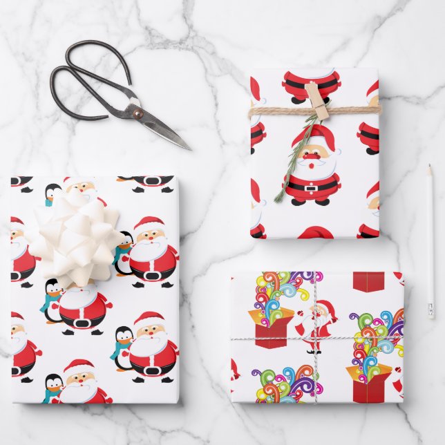 Feuille De Papier Cadeau Motif d'assemblage de Père Noël mignon (Recto)