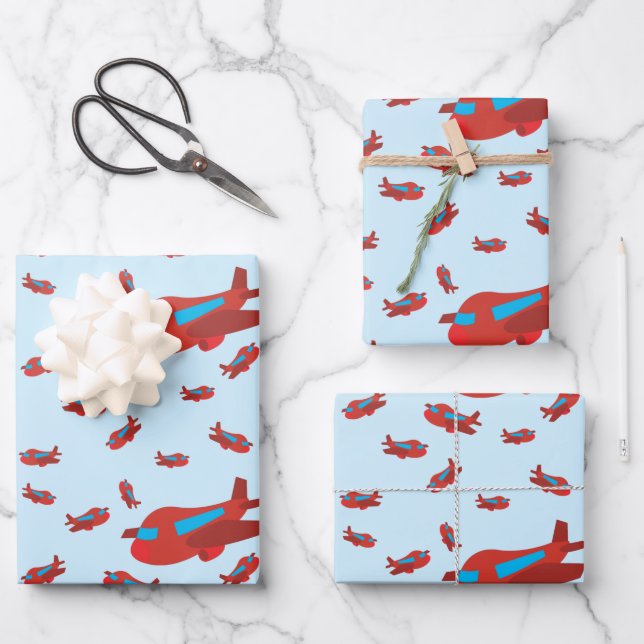 Feuille De Papier Cadeau Motif d'avion rouge et bleu (Recto)