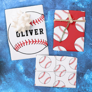 Feuille De Papier Cadeau Motif de balle de baseball Joueur Enfants Nom Anni