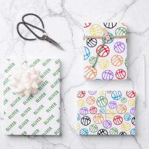 Feuille De Papier Cadeau Motif de balle de basket-ball coloré Nom du sport