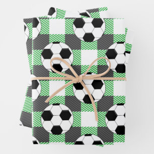 Feuille De Papier Cadeau Motif de balle de football en noir blanc et vert