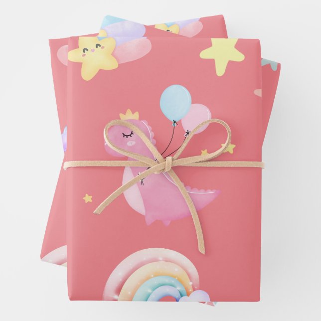 Feuille De Papier Cadeau Motif de ballon arc-en-ciel rose doux dinosaure (En situation)