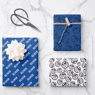 Feuille De Papier Cadeau Motif de ballon de basket-ball nom bleu