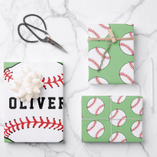 Feuille De Papier Cadeau Motif de baseball Ball Nom Enfants Anniversaire