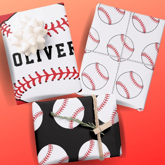Feuille De Papier Cadeau Motif de baseball Ball Nom Enfants Anniversaire (Créateur téléchargé)