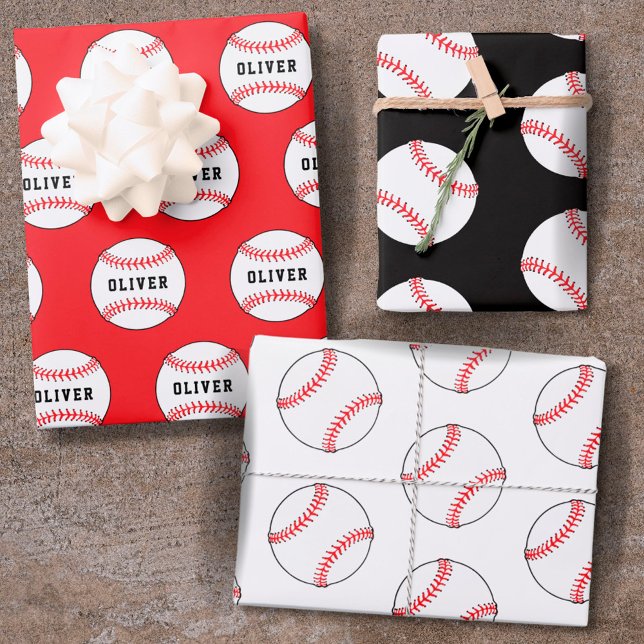 Feuille De Papier Cadeau Motif de baseball Ball Nom Enfants Enveloppement d (Créateur téléchargé)