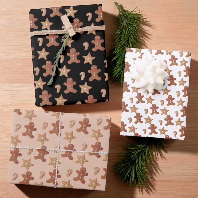 Feuille De Papier Cadeau Motif de biscuits de Noël Gingerbread (Wrapped packages with each Christmas cookie pattern gift wrap sheet.)