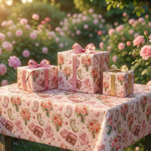 Feuille De Papier Cadeau Motif de boîtes-cadeaux de luxe, roses et anneaux