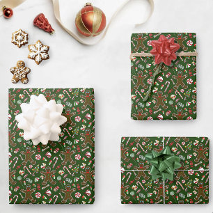 Feuille De Papier Cadeau Motif de bonbon en pain d'épices festif vert ludiq