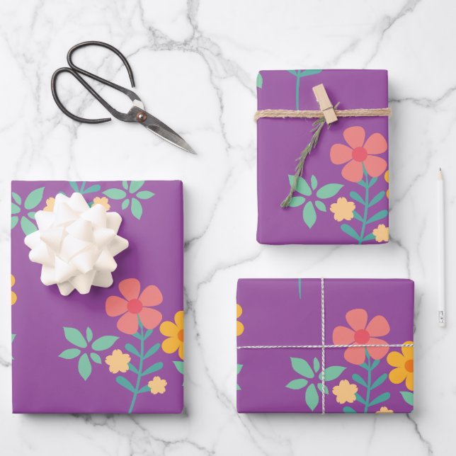Feuille De Papier Cadeau Motif de bouquet Retro Daisy en violet (Recto)