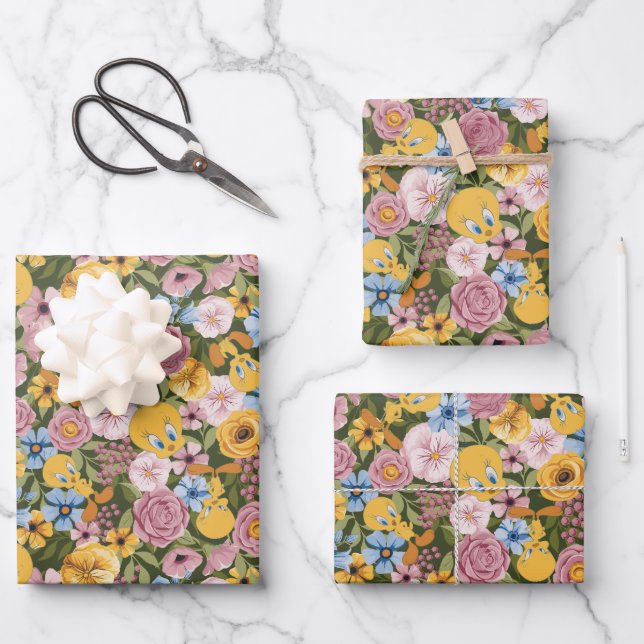 Feuille De Papier Cadeau Motif de broderie florale TWEETY™ (Recto)