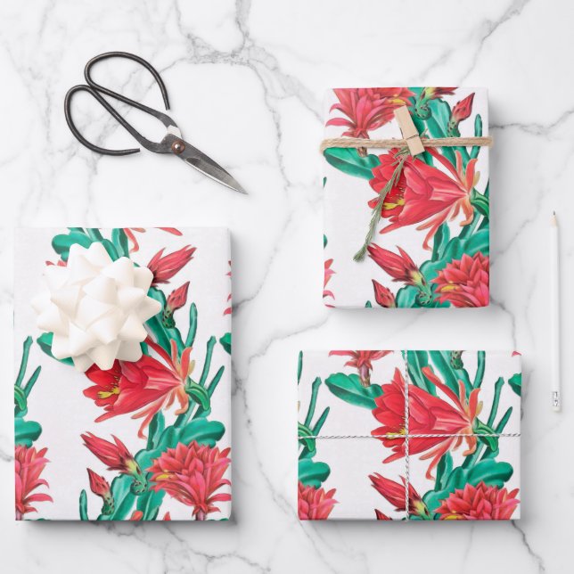 Feuille De Papier Cadeau Motif de cactus à fleurs rouges vertes (Recto)