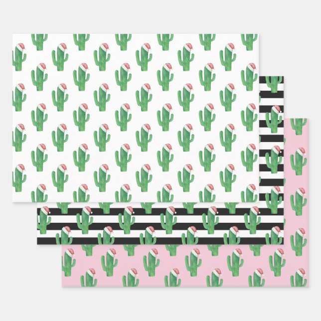 Feuille De Papier Cadeau Motif de cactus de Noël. Cactus père Noël. rose ve (Lot)
