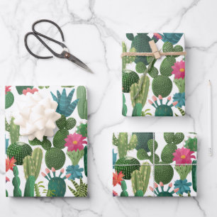 Feuille De Papier Cadeau Motif de cactus Turquoises verts en fleurs