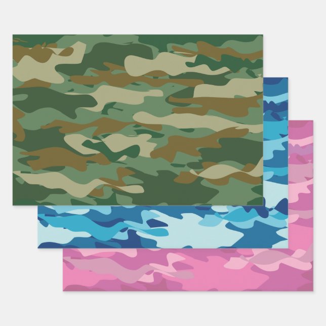 Feuille De Papier Cadeau motif de camouflage bleu vert et rose de l'armée (Lot)