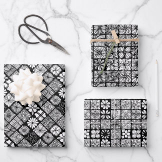 Feuille De Papier Cadeau Motif de carreaux 2D noir et blanc orange