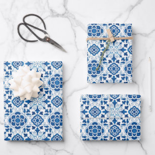 Feuille De Papier Cadeau Motif de carreaux bleu azulejos Vintage