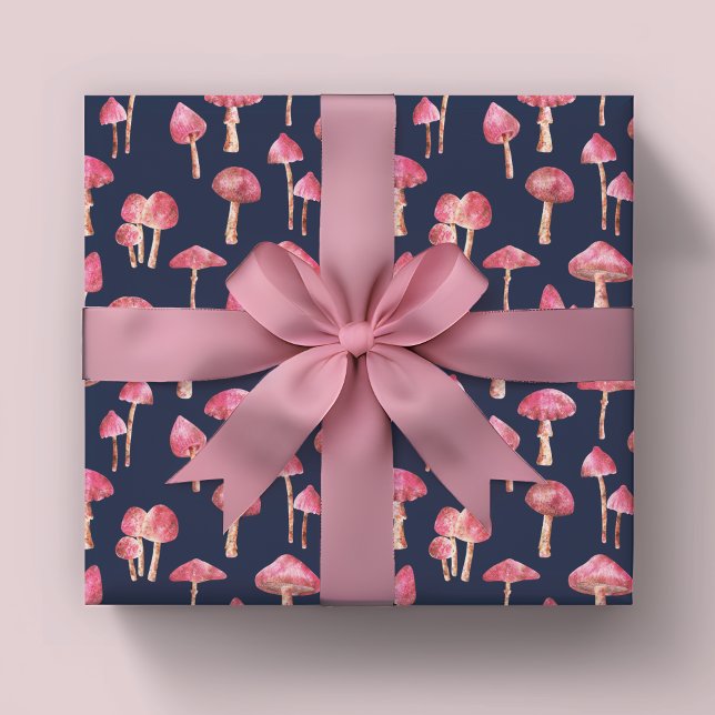 Feuille De Papier Cadeau Motif de champignons roses (Pink mushroom wrapping paper sheets on navy blue background.)