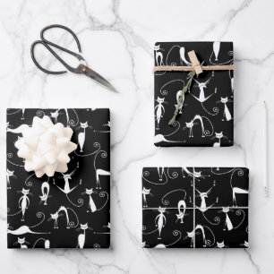 Feuille De Papier Cadeau Motif de chat blanc élancé fantaisiste