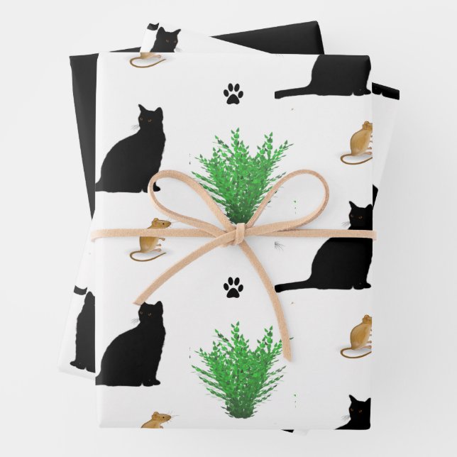 Feuille De Papier Cadeau Motif de chat et de souris noir (En situation)