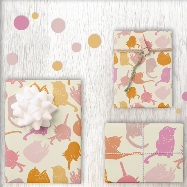 Feuille De Papier Cadeau Motif de chat moderne rose orange (Créateur téléchargé)