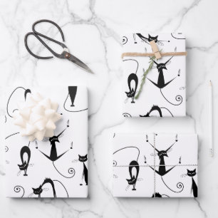 Feuille De Papier Cadeau Motif de chat noir élancé fantaisiste