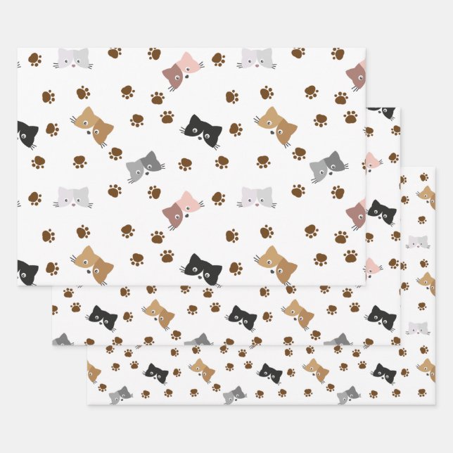 Feuille De Papier Cadeau Motif de chat, Visages et Empreintes de pattes Kit (Lot)