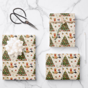 Feuille De Papier Cadeau Motif de chatons, chiots et sapins de Noël