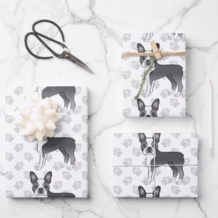 Feuille De Papier Cadeau Motif de chien de dessin animé Boston Terrier bleu