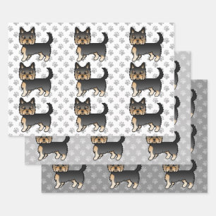 Feuille De Papier Cadeau Motif de chien Yorkshire Terrier noir et feu