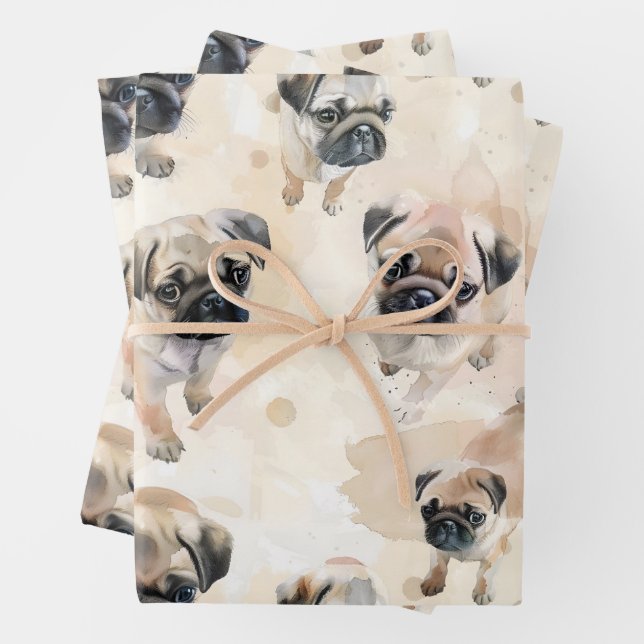 Feuille De Papier Cadeau Motif de chiots carlins mignons (En situation)