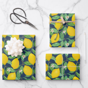 Feuille De Papier Cadeau Motif de citron bleu de la marine jaune