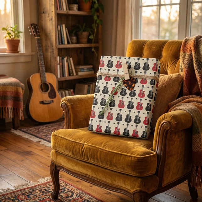 Feuille De Papier Cadeau Motif de coeur de guitare noire et rouge sur blanc (Créateur téléchargé)
